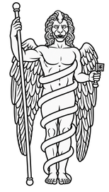 Lion-headed Aion holding a key and staff, encircled by a serpent